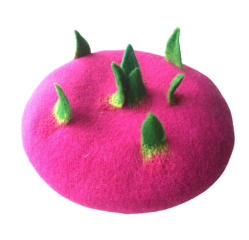 Kawaii Deer Ear Berets Hat Cute Funny Christmas Fruits Cap Winter Warm Women Girls Gift (Dragon Fruit/Rose red)