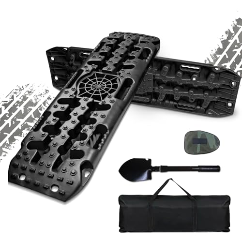 Off Road Traction Boards, 2 PCS Recovery Traction Tracks for 4WD Mud, Snow, Ice, Sand - Including Carry Bag & Mini Folding Shovel