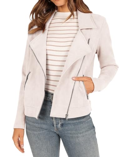 KIRUNDO Women's Long Sleeve Casual Jackets Stretchy 2024 Fashion Zip-Up Faux Suede Moto Jacket Coats With Pockets(Light Apricot, X-Large)