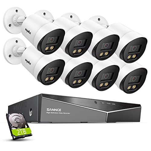 SANNCE CCTV Security Camera System 1080P Colour Night Vision, 8 Channel Digital Video Recorder DVR with Hard Drive 2TB, 8PCS Surveillance Bullet Cameras Outdoor IP66, Motion Detection, Easy DIY