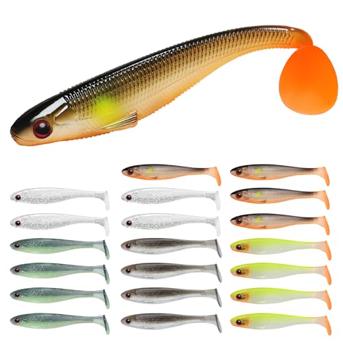 TRUSCEND 20PCS Soft Fishing Lures, Paddle Tail Swimbaits, Fishing Lures for Bass Trout Crappie Walleye, Durable Plastic Bait for Bass Fishing, Shad Fishing Bait for Freshwater Saltwater
