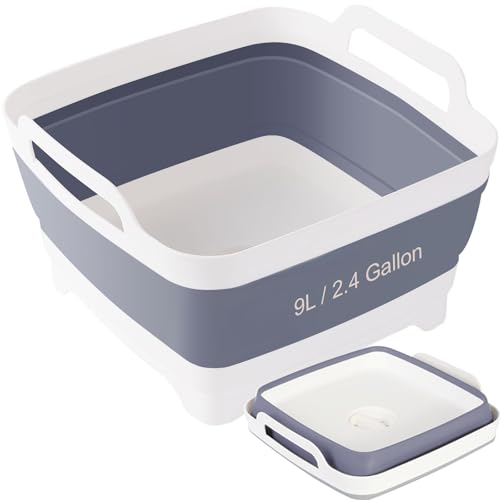 Collapsible Dish Basin & Sink Tub with Drain Plug – 2.4 Gal Baby Bottle Wash Basin, Bottle Washing Bin for RV, Camping, Kitchen | Collapsible Water & Bottle Basin (Grey)