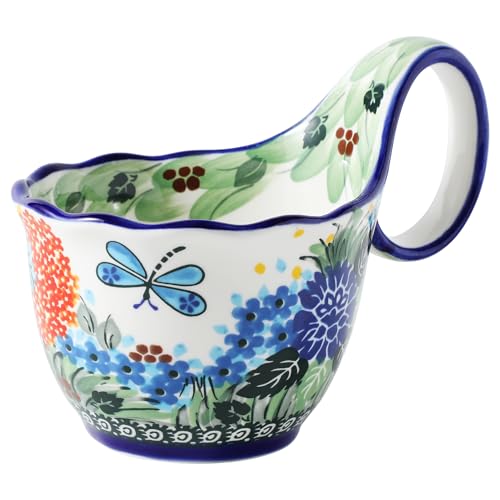 ALMA 2025 Updated Decorative Pottery Soup Bowl Microwave Safe,Large Ceramic Soup Bowl with Loop Handle,Ceramic Cereal Bowl for Soup,Snack,Chip,Stew,Ice cream-Spring Splendor Theme