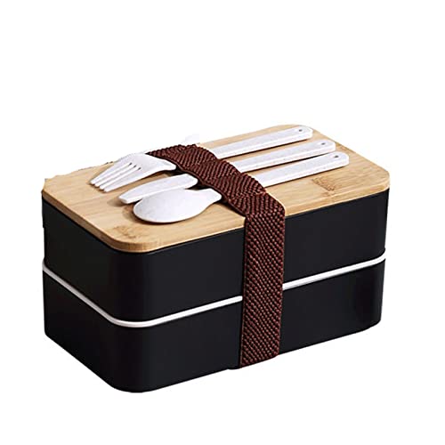 KOHARA Double Layer Plastic Lunch Box Microwave Portable Lunch Box Set Lunch Box (Color : Nero)