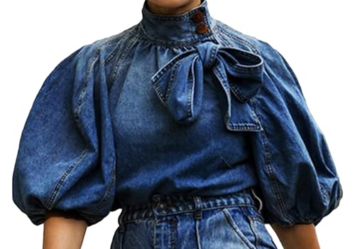 Tbahhir Women's Denim Blouse Blue Bow Tie Jean Shirt Puff Sleeves Mock Neck Cropped Top Casual