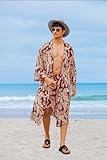 COOFANDY Mens Kimono With Shorts Two Piece Summer Sets Sexy Beach Kimono Summer Robes Kimono Mens Red Red (Leaves)