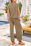 PRETTYGARDEN Women's Summer 2 Piece Sweater Sets Knit Blouses Tops And High Waisted Pants Matching Tracksuit Sweatsuit Set (Khaki,Medium)