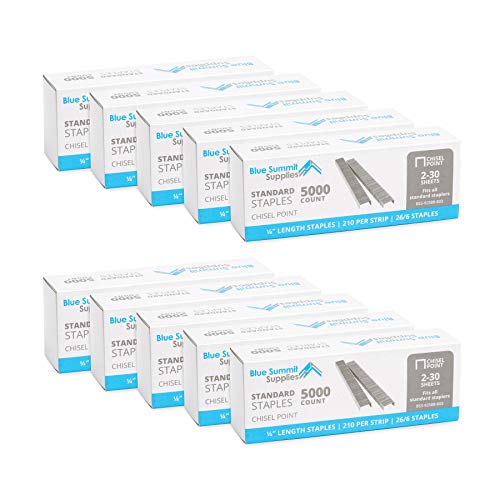 50,000 Staples - 1/4 Inch Length, 210 per Strip, Jam-Free Chisel Point, 10 Boxes of 5,000, Fits Standard Staplers