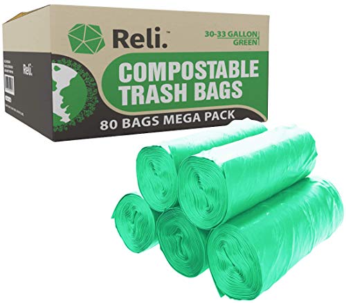 Reli. Compostable 33 Gallon Trash Bags | 80 Count Bulk | ASTM D6400 | Green | Eco-Friendly | For Compost