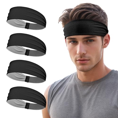 Sukeen Sports Headbands for Men 4 Pack, Moisture Wicking Sweat Bands Headbands Non-Slip, Breathable Elastic Sweatband, Running Headband for Yoga, Tennis, Fitness Workout, Black