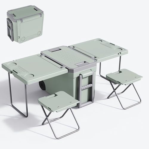 Multi Function Rolling Cooler, Warm with Wheels Table and 2 Chairs for Picnic Camping Outdoor, Foldable Upgraded Stool, 32L Heat Insulation Box (Color : Green)