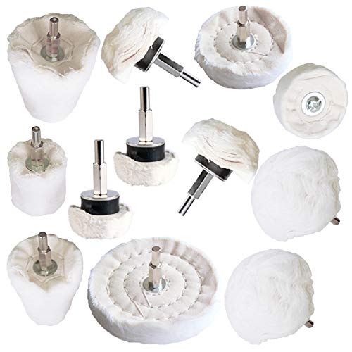 Polishing Pad Buffing Wheel Kit White Flannelette 12 Pack, for Drill for Metal Aluminum Stainless Steel Chrome Wood Plastic Ceramic Glass Woods Fabric Cotton Machine Jewelry etc