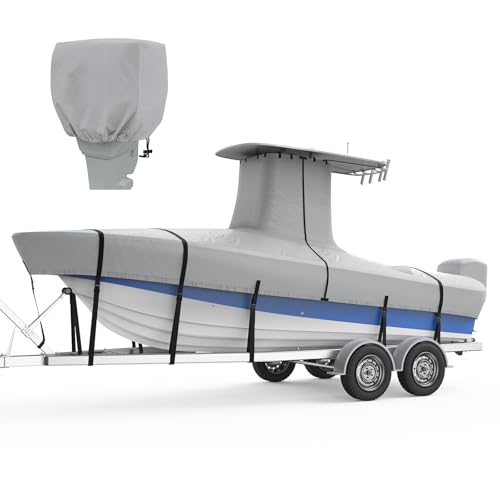 RVMasking Upgraded 1200D T-Top Boat Cover 100% Waterproof Heavy Duty Tear-Resistant Polyester with Motor Cover for Center Console Boat with T TOP Roof, 22'-24' Long Beam Width up to 116", Gray
