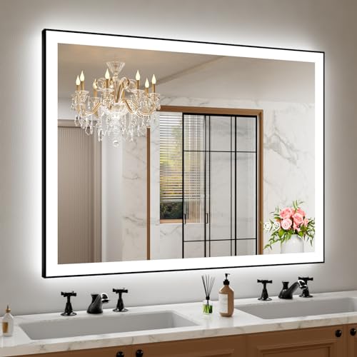 Amorho 48"x 36" LED Bathroom Mirror with Black Frame, Front Light and Backlit(Controlled Separately), Stepless Dimmable, Anti-Fog, Shatter-Proof, 3 Colors, Memory