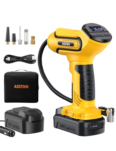 AstroAI Tire Inflator Air Compressor Cordless Car Tire Pump with 20V Rechargeable Li-ion Battery 150 PSI Portable Handheld Air Pump with 12V Car Power Adapter for Motorcycles LS40791（C1） Light Yellow
