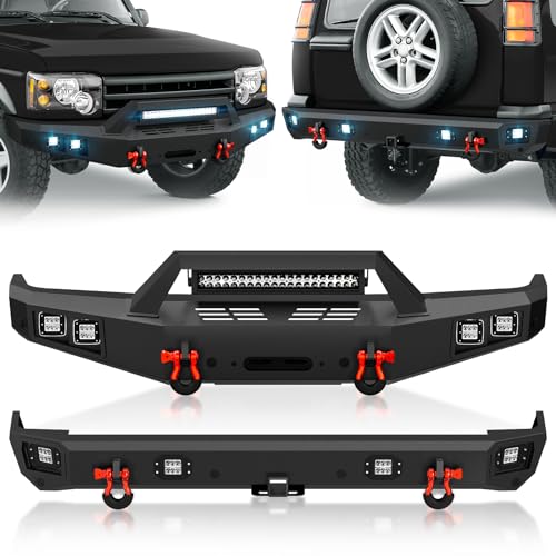 YZONA Front & Rear Bumper Compatible with 1999-2004 Land Rover Discovery 2 Rock Crawler Bumper with Winch Plate, 2" Standard Hitch Receiver, Sensor Mounting Holes, LED Lights & D-rings, Textured Black