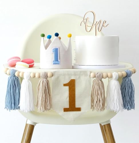 JUIIZAY Baby Boy First Birthday Party Decorations Blue High Chair Banner 1st Birthday Crown Cake Topper 1st Decor