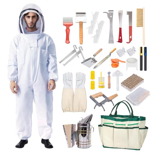 31Pcs Beekeeping Supplies Tools Kit with Bee Suit, Bee Keeping Supplies All Include Bee Marking Pen Bee Smoker Beehive Frame Holder Bee Frame Grip, Beekeeping Starter Tool Set for Beekeeper (XL)