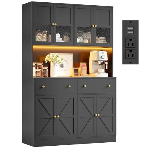 FINETONES 71" Pantry Cabinet with LED Light and Charging Station, Farmhouse Kitchen Pantry Cabinet with Microwave Stand, 47.2" Wide Kitchen Hutch Food Pantry with Open Countertop, Black