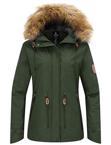 wantdo Women's Waterproof Skiing Jacket Windproof Winter Snow Coats Rainwear Army Green 2XL