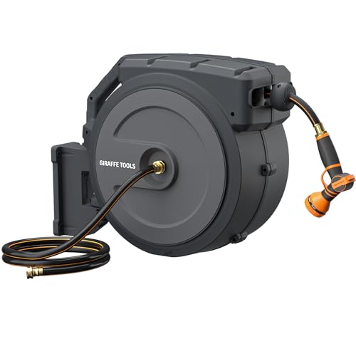 Giraffe Tools AW40 Retractable Hose Reel 5/8" x 90 ft Wall Mounted Garden Hose Reel Heavy Duty, Automatic Rewind, 180 Deg Swivel, Any Length Lock, 9 Pattern Nozzle, 90 ft, Dark Grey