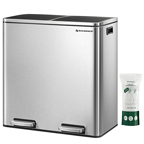 SONGMICS Trash Can, 2 x 8 Gallon (2 x 30 L) Garbage Can for Kitchen, with 15 Trash Bags, 2 Compartments, Plastic Inner Buckets and Hinged Lids, Airtight, Silver and Black ULTB60NL