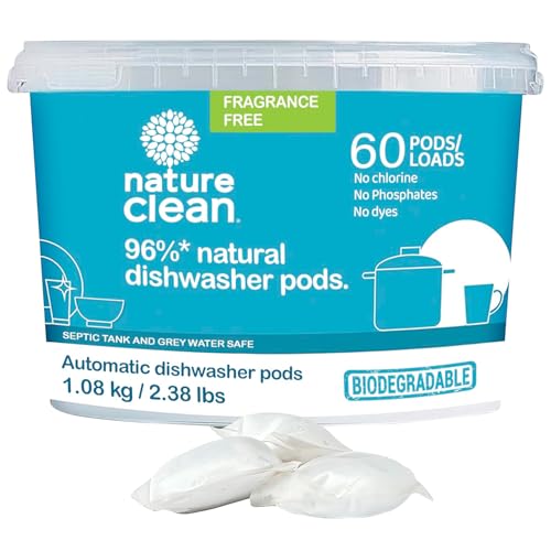 Nature Clean All Natural Dishwasher Pods, Plant-Based Non Toxic Dishwasher Detergent Pods, Dishwashing Pods Tough on Grease, Dish Pods for Dishwasher, Unscented Dishwasher Pods, 60 Count, Pack of 1