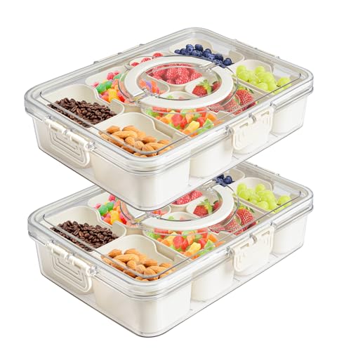 Eanpet 2Pack Divided Veggie Tray with Lid and Handle 8 Compartment Serving Tray with Dividers Portable Travel Snack Containers Stackable Snackle Box Charcuterie Container for Fruit,Vegetable,Salad