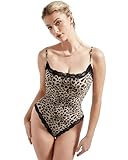 SUUKSESS Women Square Neck Lace Bodysuit Double Lined Sleeveless Spaghetti Strap Tank Top (Cheetah Print,M)