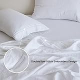 Simple&Opulence 100% Linen Sheet Set 4 Pieces Natural France Flax Bed Sheet (1 Flat Sheet, 1 Fitted Sheet, 2 Pillowcases) Breathable Luxury Hotel Bedding - Embroidery White, Queen Size