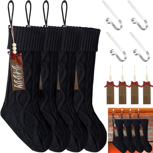 Zubebe 4 Sets 18 in Knitted Christmas Stockings Kit, Metal Stocking Holder and Name Tags Large Knit Xmas Stocking with Marker Pen for Family Holiday Xmas Party Fireplace Mantel Decor (Black)