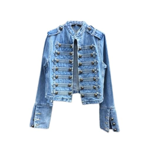 UKTZFTBMTS Motorcycle short jacket women's spring and autumn slim stand-up collar long sleeve denim jacket-Dark blue-X-Large