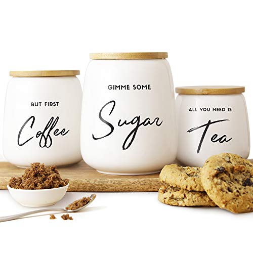FIFTH FORK Coffee Tea and Sugar Ceramic Canister Set - 3-Piece Airtight Kitchen Canisters for Countertop - Coffee Bar Container Set