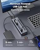 WENTER Powered USB Hub 3.0 with SD/TF Card Reader, Aluminum 10 Port Powered USB Hub (9 USB 3.0 Data Transfer Port & 1 USB Fast Charging Port Hub) USB 3.0 Hub for PC, Laptop