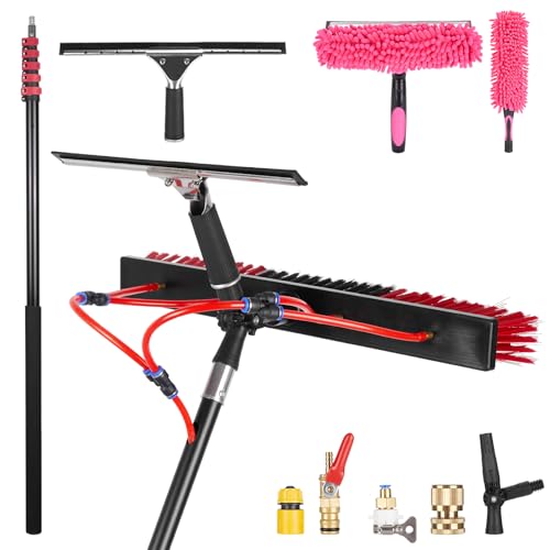 24FT Solar Panel Cleaning Brush & Squeegee Kit, Proffesional Window Washing Tool, 22in Wide Brush & 2 Dusting Brush, Water Fed Pole, Extendable Telescopic Pole for Roof Mounted Solar Panels