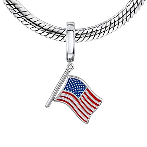 BOLENVI USA America Flag Liberty & Justice 925 Sterling Silver Pendant Charm Bead For Pandora & Similar Charm Bracelets or Necklaces