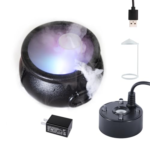 BIGINIWA Mist Maker in Large Witches Cauldron for Halloween - USB Mini Fog Machine with LED Lights and Splash Cover for Fish Tanks, Vases and Rockery Decoration