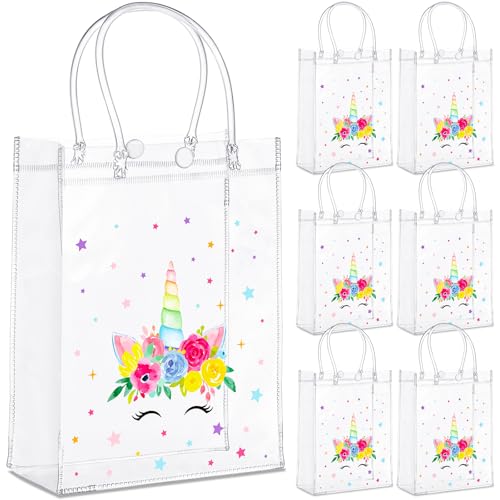 Saypacck 30 Pcs Unicorn Party Favor Goodie Bags with Handles Clear Candy Treat Gift Bags for Birthday Party Unicorn Decorations Supplies 5.9 x 7.9 x 2.8 Inches