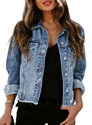 Sidefeel Women's Denim Jacket 2025 Spring Outfits Oversized Distressed Jean Jacket Ripped Shackets Coat Large Iceland Blue