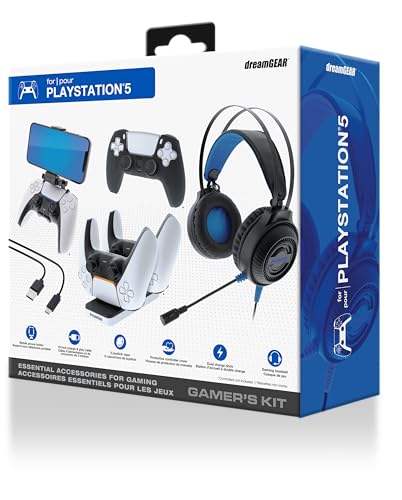 dreamGEAR Gamers Kit for PlayStation 5: Gaming Headset with 50mm Drivers, PS5 Controller Charger, Adjustable Phone Mount, USB-C Cable, Protective Cover and Caps