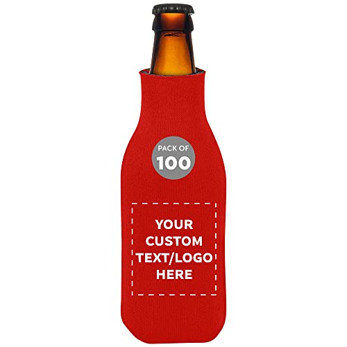 Custom Zipper Beer Bottle Insulators Set of 100, Personalized Bulk Pack - Keeps Your Drink Cooler, Great for Beer, Soda, Other Beverages - Red