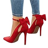 Fashare Womens High Heels Pointed Toe Bowtie Back Ankle Buckle Strap Wedding Evening Party Dress Pumps Shoes A-red