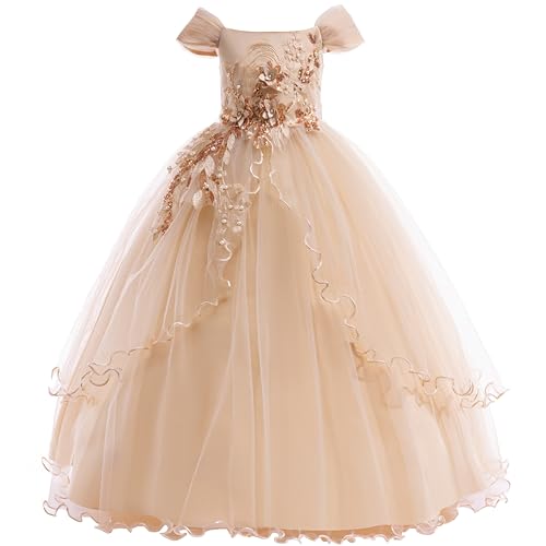 Weileenice Rose Gold Girls Lace Party Dress 12 13 Cold Shoulder Embroidery Wedding Pageant Birthday Formal Vintage Kids Prom Dresses Beads Sequin Junior Girl Photo Shoot Bridesmaid Tulle Ball Gown