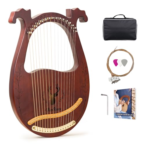 VixxNoxx Lyre Harp, 16-String Mahogany Lyra Harp Kit, Stringed Musical Instruments with Tuning Wrench Bag Instructions Extra Strings for Beginners Adults