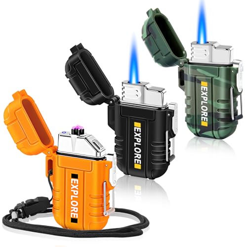 LcFun 3 Pack Waterproof Lighter Windproof Torch Lighters Butane Refillable, Electric Dual Arc Lighters USB Rechargeable Flameless Plasma Lighter Camping Hiking Survival Tactical Gear Gadgets for Men