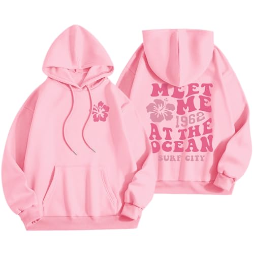 Lubpow Cute Pink Flower Hoodie for Woman Preppy Sweatshirts Trendy Puff Print Letter Graphic Hoodies Casual Pullover Tops(Pink,2XL)
