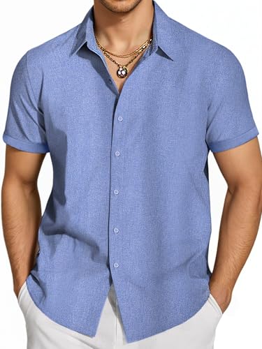 INCERUN Button Down Shirt Men Hawaiian Shirts Short Sleeve Fitted Casual Linen Shirt Beach Wear Vacation Summer Outfits Blue 3X-Large