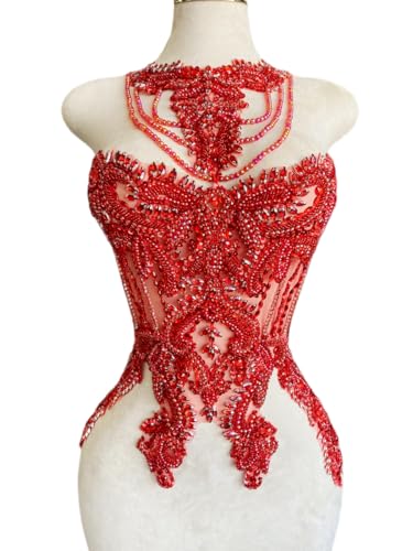 Jpumley.pksn Handmade Crystal on lace Applique Sewing Rhinestones Fringe Beads Sequins Patches Trim Luxury Decoration Accessories for Wedding Dress 15X23.6inches (Red)