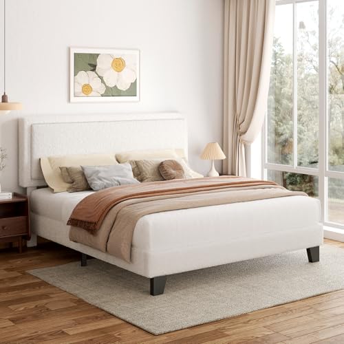 viplov King Size Bed Frame and Headboard, Upholstered Platform Bed with Adjustable Headboard, Soft Boucle Fabric, Modern Style, No Box Spring Required, Easy Assembly, Off-White