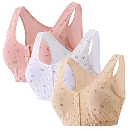 3Pack Middle-Aged Elder Woman Floral Wirefree Bra Front Button Closeure Soft Cotton Bra for Mom Grandma Gift Bra (40BC)